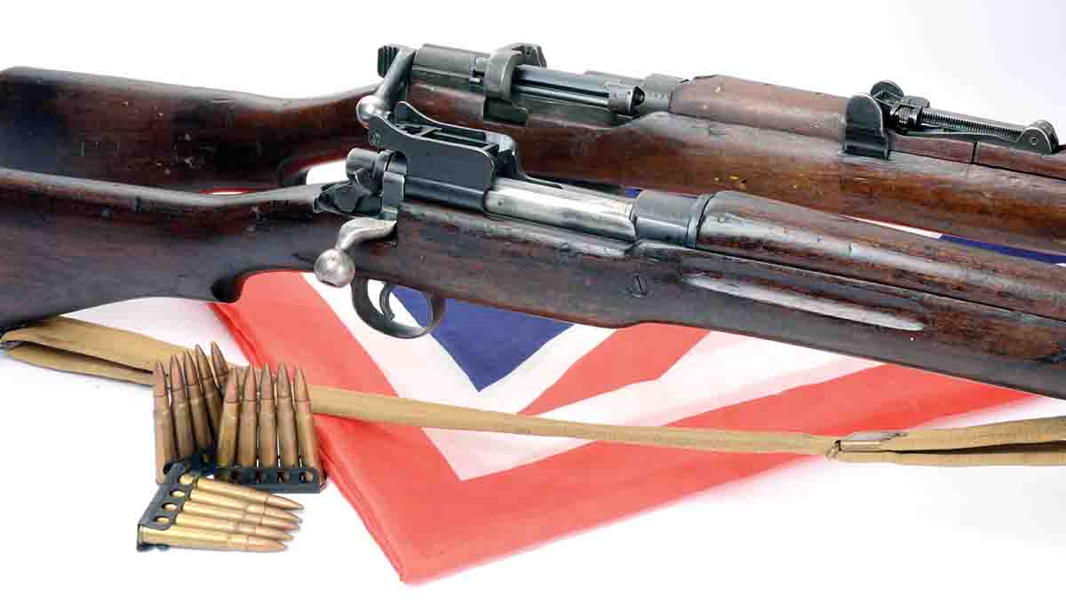 The Pattern 1914 (front) and the No. 1 Mk III (rear) were both chambered for the .303 British cartridge. Great Britain fielded millions of these rifles in World War I.